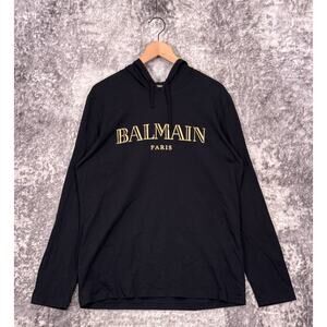 Balmain Sweatshirt XL Mens Black Spell Out Cotton Pullover Hoodie